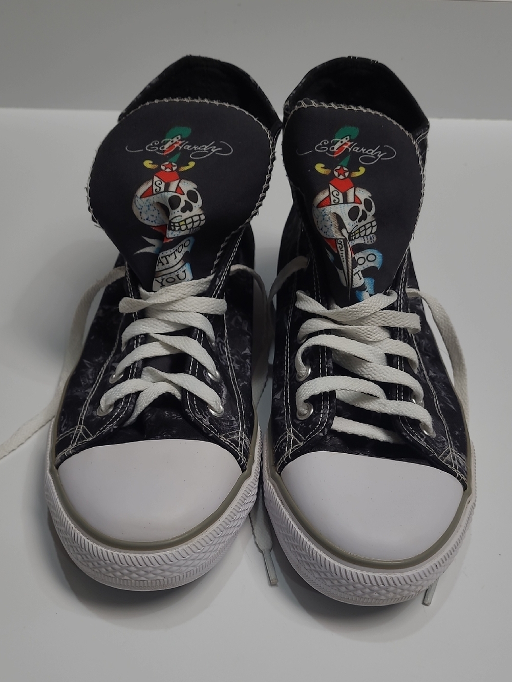 Ed Hardy Black & White Skull Graphic High-Top Sneakers - Size 11